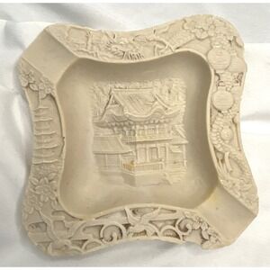 Vintage Faux Cinnabar Resin Ashtray Pagoda Dragon Relief Cream Asian Decor